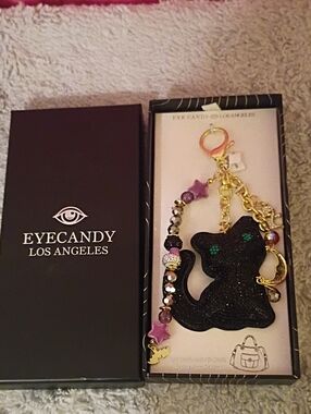 Black Cat Keychain Charm with Purple Accents